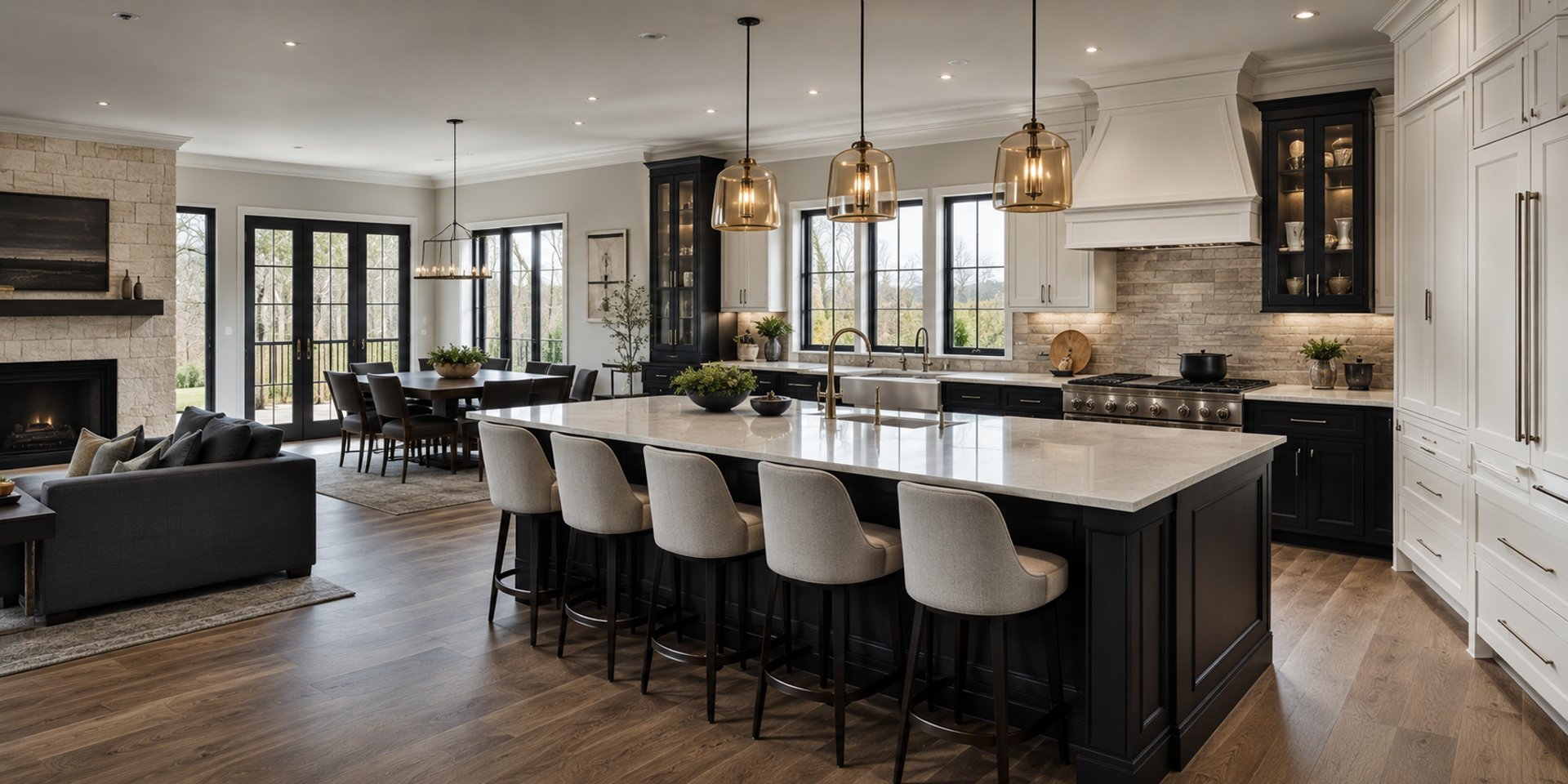 A bright open kitchen with custom cabinetry, island seating, and an adjoining living room
