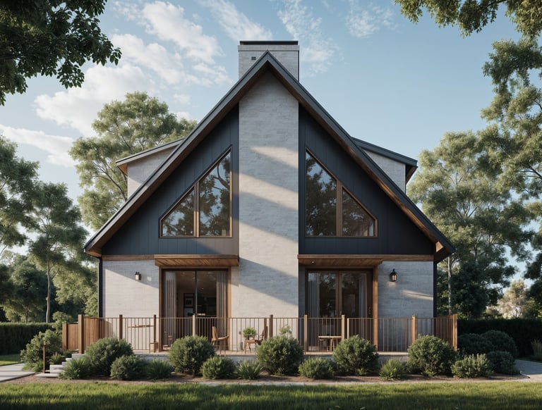 Rambler chalet rendering with a steep roof and a glass-front living area