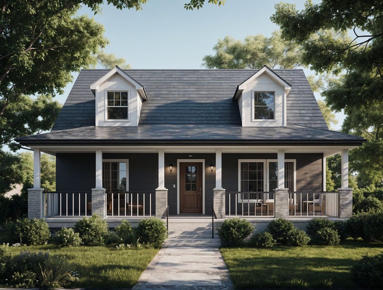 Mountain Laurel cape home rendering with dormers and a covered front porch